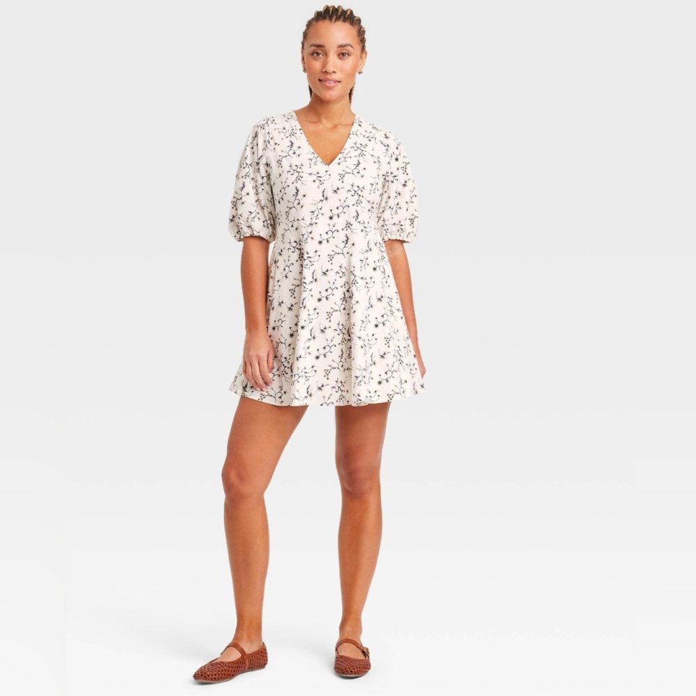 Women's Bell Elbow Sleeve Mini A-Line Dress Universal Thread White Floral XL